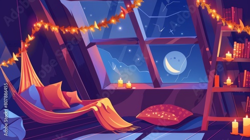 This cartoon interior of a mansard with a hammock and sofa at night shows a mansard lounge with a book shelf, candles and garland in moonlight from a roof window.