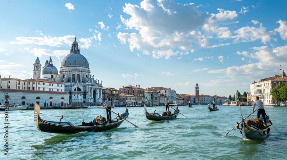 A fleet of traditional wooden gondolas gliding along the historic canals of Venice,Italy