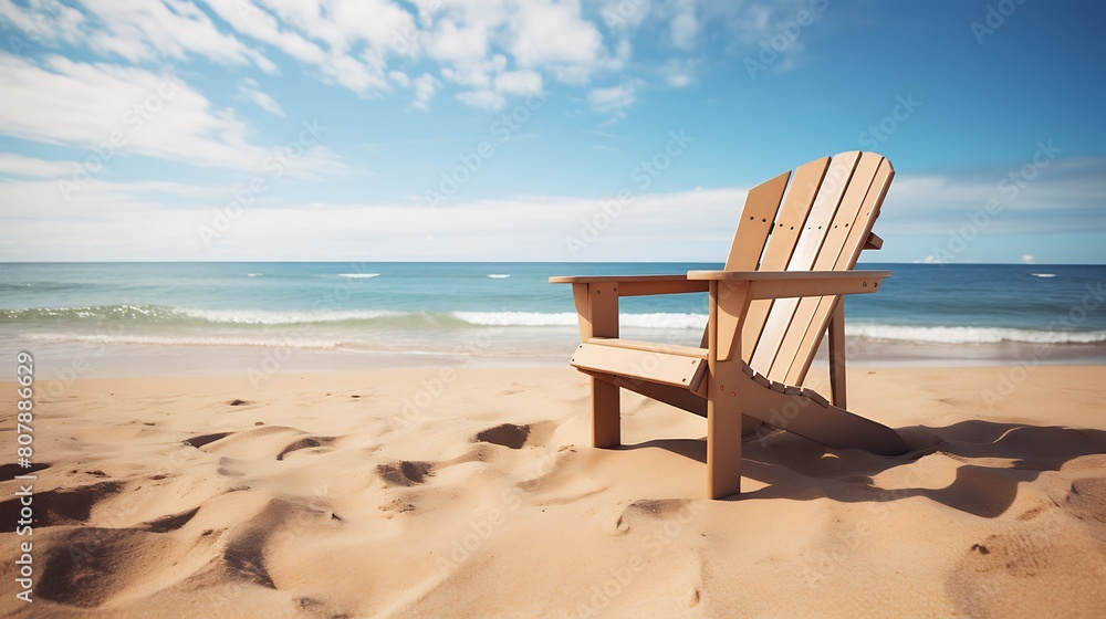 A classic wooden Adirondack chair on a sandy beach, providing a comfortable spot to soak up the sun