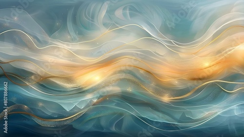 Whimsical ocean waves painting with teal gold swirls for childrens book. Concept Ocean Waves, Children's Book, Whimsical Art, Teal Gold Swirls, Painting photo