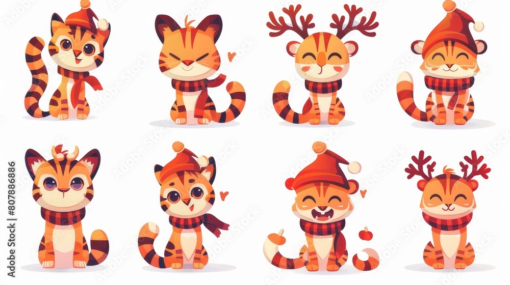 The baby tiger character wears a Christmas hat and a red scarf. Cartoon funny kitten with bow and deer horns is isolated on white.