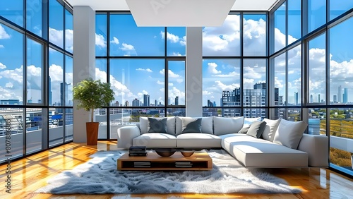 Modern penthouse living room with large windows perfect Zoom background. Concept Modern Living Room, Penthouse Design, Large Windows, Zoom Background photo