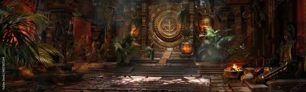 Very large room with a lot of plants and a statue. Mystical background 
