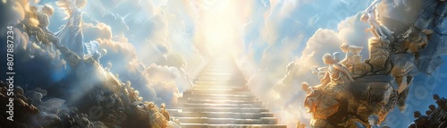 A stairway leads up to a bright light. The stairway is flanked by clouds and angels. photo