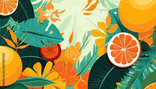 A colorful painting of a tropical scene with oranges and flowers photo
