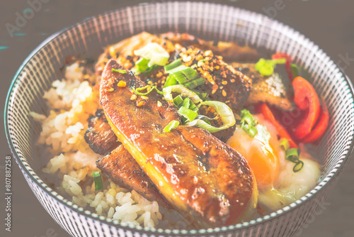 grilled Pork Cheek and Foie Gras rice Bowl with onsen soft boil egg