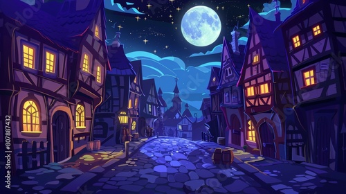 German medieval street with half-timbered houses at night. Traditional European buildings in old town in moonlight. Modern cartoon landscape with fachwerk cottages, moon, and stars. photo