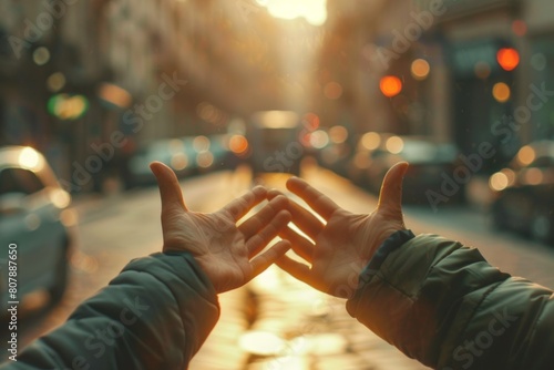 Hands in close-up that a person holds in front of him holding out to someone or waiting for something, copy space