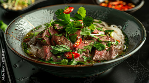 Elegantly presented beef noodle soup with chili and parsley garnish