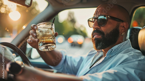 A man drinks alcohol while driving. Dangerous driving. photo
