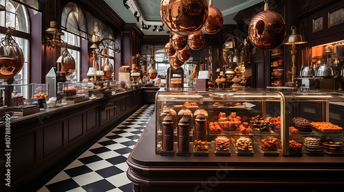 A Belgian chocolate shop, with master chocolatiers crafting exquisite truffles and pralines in a boutique filled with the rich aroma of cocoa. photo