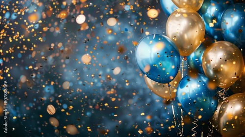 Gold and blue balloons with falling glitter on a dark blue background.