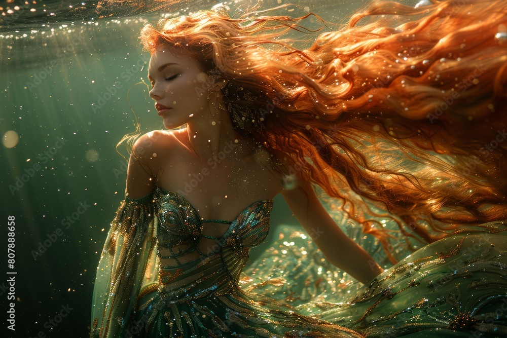 A female fantasy novel character named Mermaid is swimming in the sea with her beautiful and outstanding tails, and some sparkling effect is lighting around her.