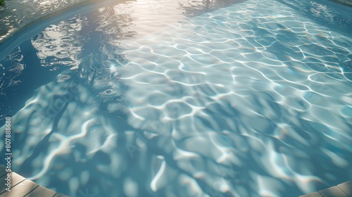 A birds eye view of a blue swimming pool surrounded by lounge chairs and umbrellas, with people swimming and sunbathing