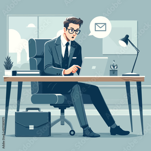 illustration of a businessman receiving email notification while working in the office