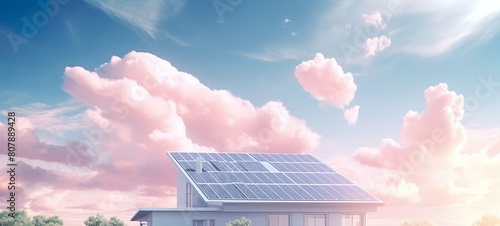 solar panels on the roof with pink clouds in the backround