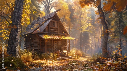 In the autumn forest landscape, a wooden cottage stands in the distance