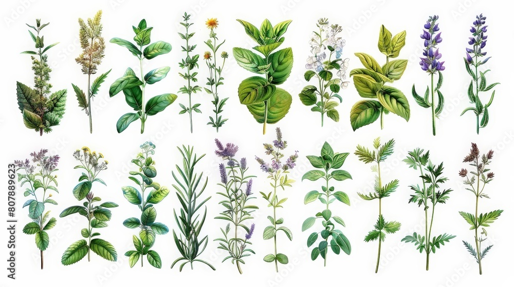 botanical drawing of herbs and flowers featuring purple, yellow, and green flowers and leaves