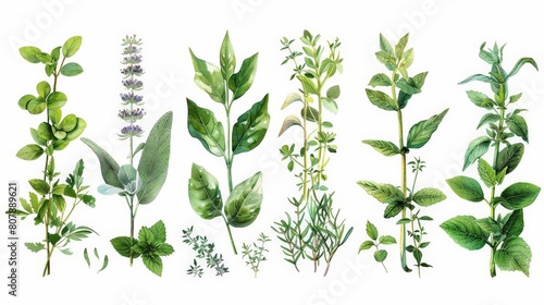 botanical drawing of herbs featuring green leaves and purple flowers on a isolated background