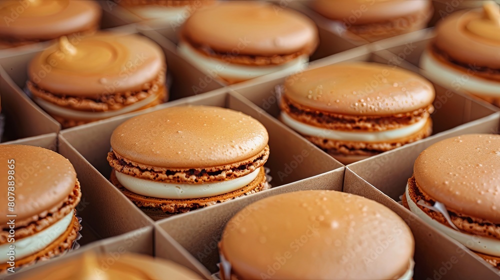 Delectable homemade caramel macarons in a bakery box Delectable homemade caramel macarons in a bakery box