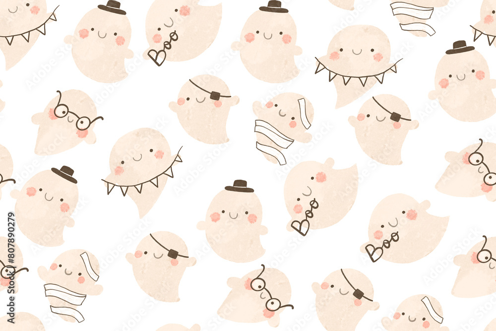 Seamless pattern with cartoon ghosts. Ghosts are cute. Halloween background. Cartoon design