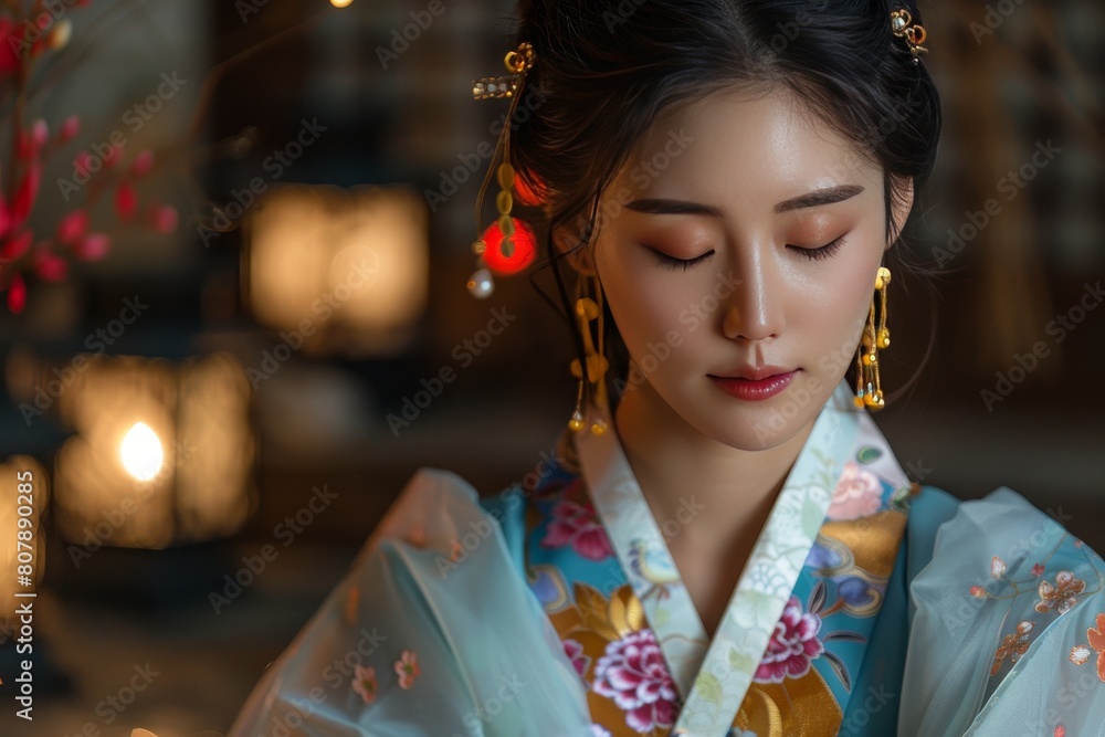 beautiful japan girl in traditional dress bokeh style background