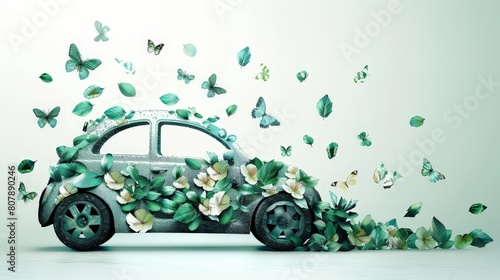 A green floral car parked outdoors with numerous butterflies fluttering around it, creating a picturesque scene