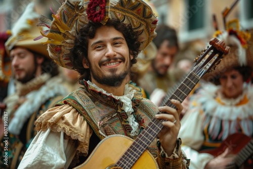 A man dressed in a renaissance costume holds a guitar, showcasing a blend of historical attire and musical instrument