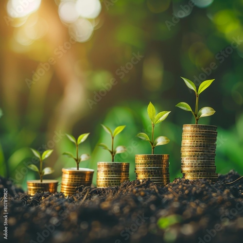 The photo shows a handful of saplings growing out of a pile of coins, with a bright light in the background. The image is meant to symbolize the growth of wealth and prosperity.