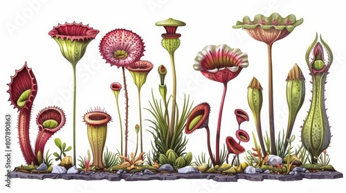 botanical illustration of carnivorous plants featuring red and green flowers, with long green stems, on a isolated background photo