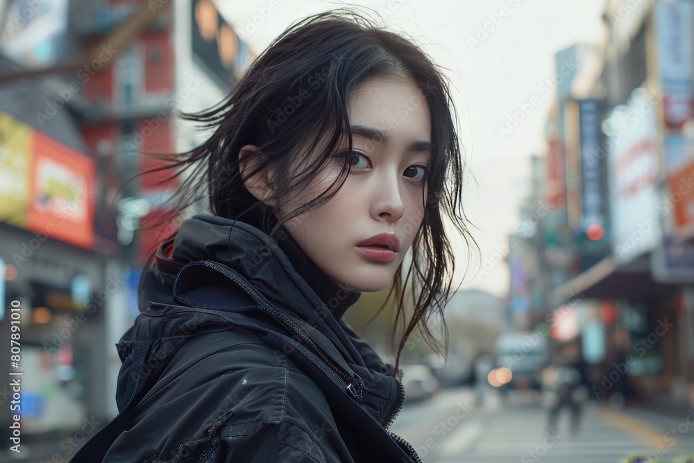 beautiful korean girl wearing streetwear in town on bokeh style background