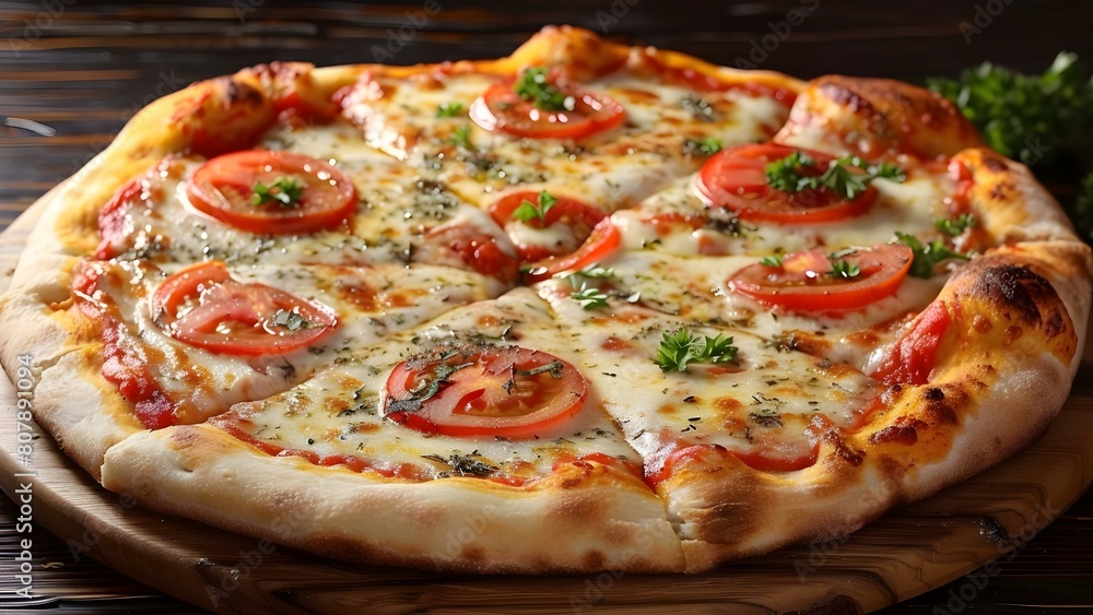Irresistible Cheese Pizza Topped with Tomatoes and Herbs on a Wooden Table. Concept Pizza, Cheese, Tomatoes, Herbs, Wooden Table