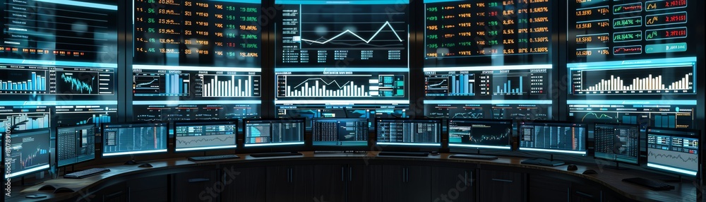 Fototapeta premium monitors global data on large screens in a modern control room, focusing on information and analytics.