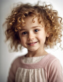 happy portrait of a little girl with curly hair, isolated white background
