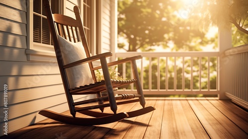 A classic wooden rocking chair on a porch, swaying gently in the breeze on a lazy summer afternoon photo