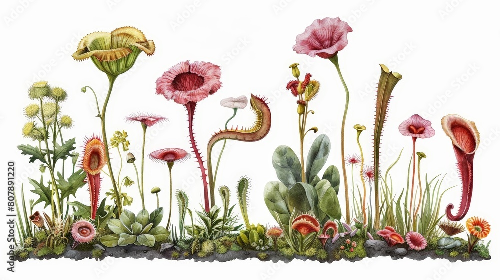 botanical illustration of carnivorous plants and flowers, featuring a ...