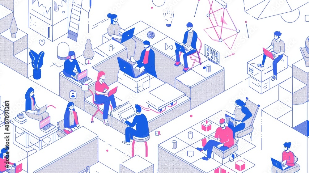 It shows business people working on laptops to solve problems in the office or coworking area. It also shows teamwork, strategies for achieving goals. It shows business people working on laptops to solve problems in the office or coworking area. It also shows teamwork, strategies for achieving goals.