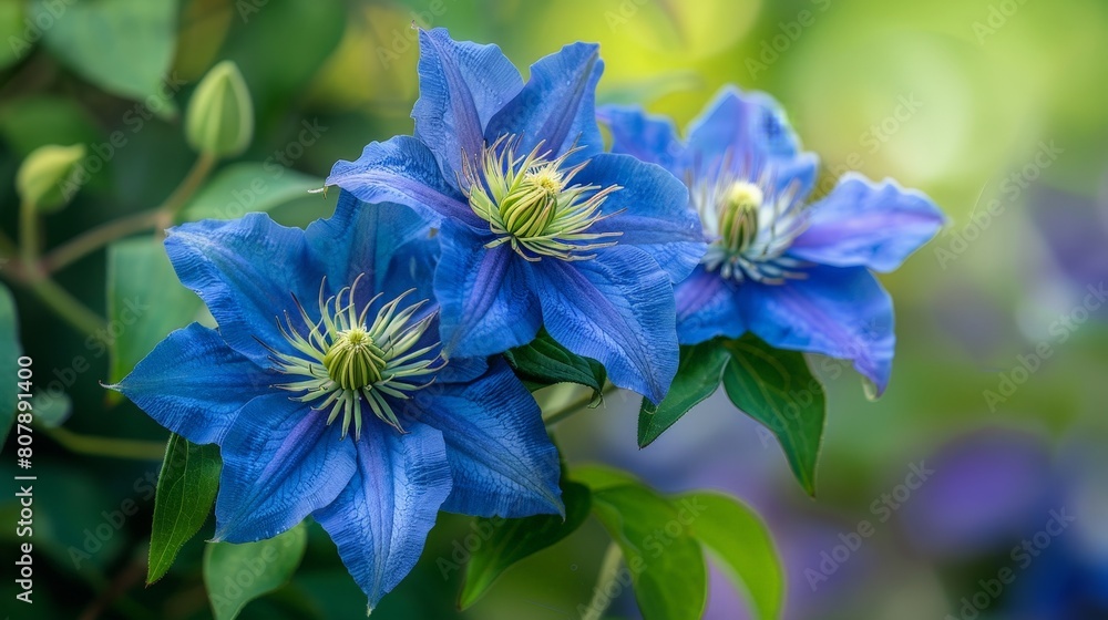 Vibrant clematis flowers in full bloom, swaying in the garden against a green backdrop Vibrant clematis flowers in full bloom, swaying in the garden against a green backdrop