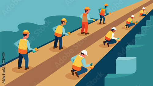 Various workers stationed at different points along the trench carefully monitoring the installation process and making adjustments as needed.. Vector illustration