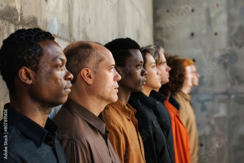 A group of black and white people lined up against a wall