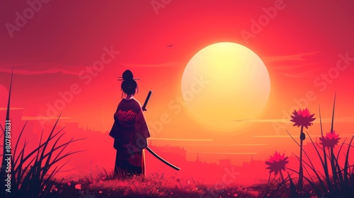 Isolated Japanese geisha standing at sunset holding samurai sword katana over red sun background. Artwork concept featuring traditional female characters from Japan.