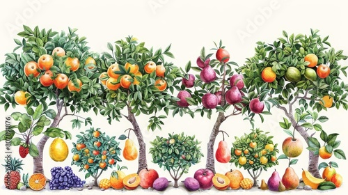 botanical illustration of exotic fruit trees featuring a variety of colorful fruits, including oranges, pears, and pineapples, surrounded by lush green trees