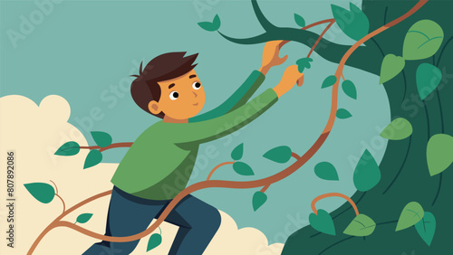 A young boy trying to climb a tree covered in misinformation vines only to be pulled down by their deceptive grip..