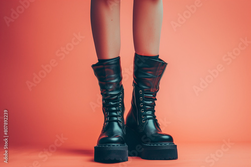 legs and feet wearing black leather high boots standing isolated on plain orange studio background, photo