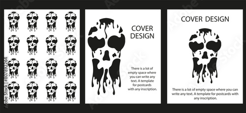 Vector Halloween Poster Covers Design set. Horror theme. Seamless pattern with Grunge Flowing Skull. Vector for Web and Social Media. EPS 10