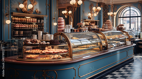 A chic Parisian patisserie, with an array of exquisite pastries and cakes beautifully displayed in a glass case, and customers sipping coffee at marble tables.