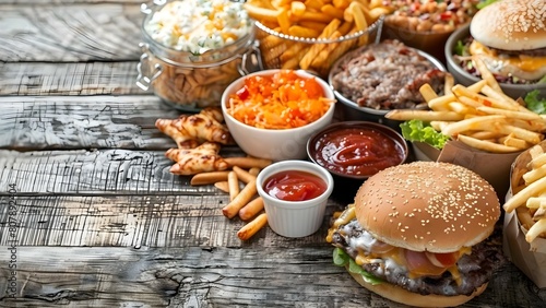 Top view of various unhealthy fast foods on a wooden table. Concept Fast Food, Unhealthy Eating, Top View, Wooden Table, Food Photography