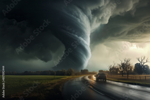 Tornado in a field in the USA with car on road in field under stormy dark sky