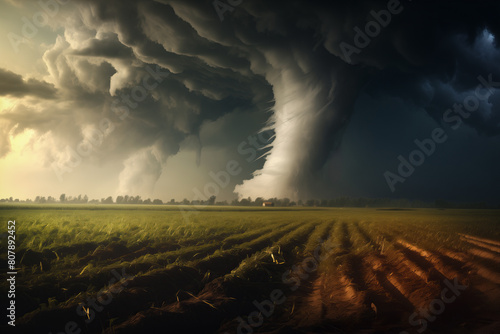 Tornado in a field in the USA with road in field under stormy dark sky
