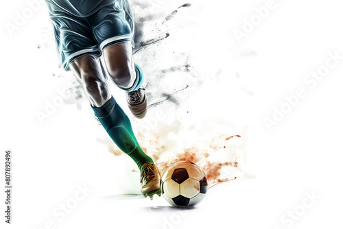 A soccer player dribbles and kicks a ball on a field